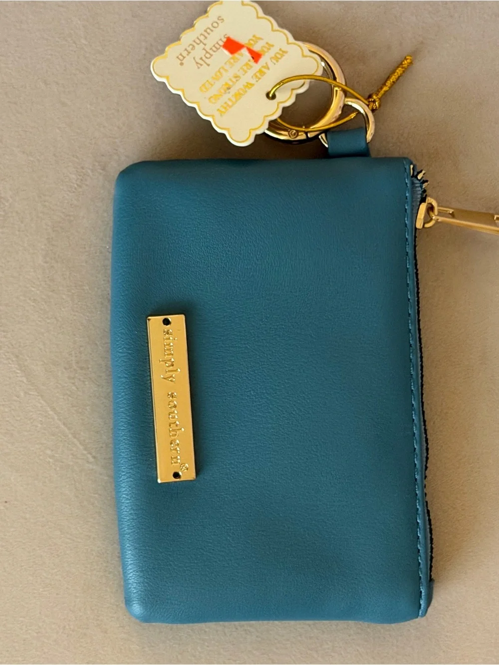 NWT Simply Southern Teal Zip Keyring Wallet with Gold Hardware